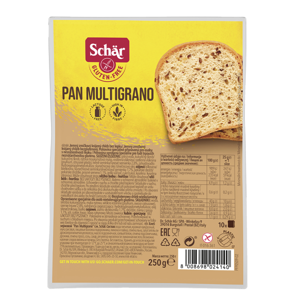 SCHÄR - Pan Multigrano - bílý krájený chléb se zrníčky, bez lepku, 250g (ct 8)